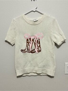 Willow and Wind Cream White Knot Sweater Top with Pink Bow & Brown Boots  Small